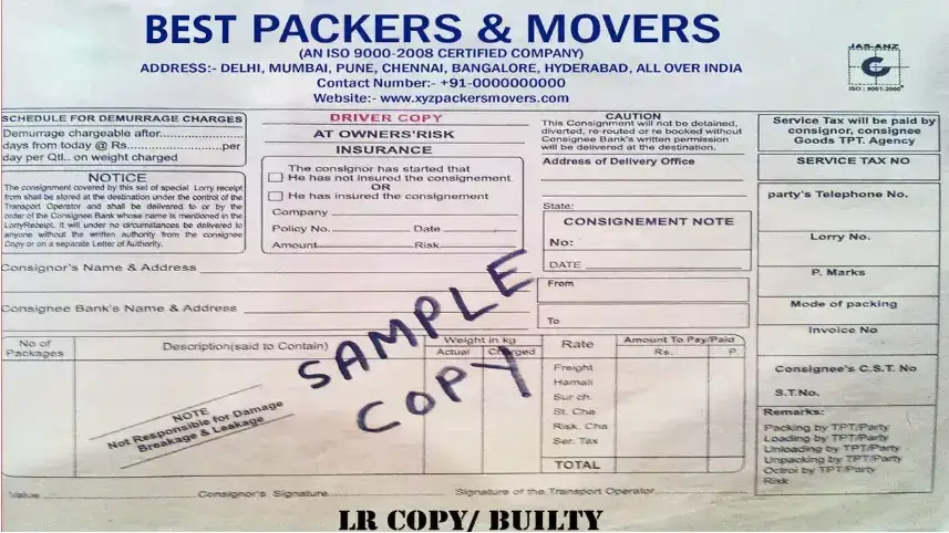 Sample copy of packers and movers bilty