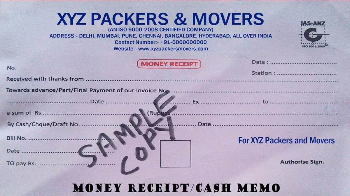 Cash Memo or Money Receipt of Packers and Movers bill for claim