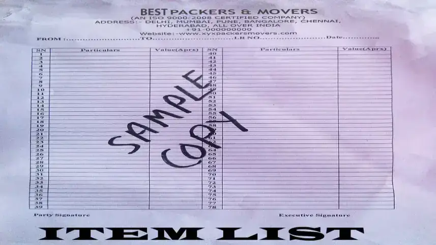 Item List of Packers and Movers bill for claim