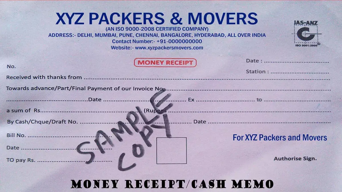 Cash Memo or cash Receipt of Packers and Movers Bill for Claim